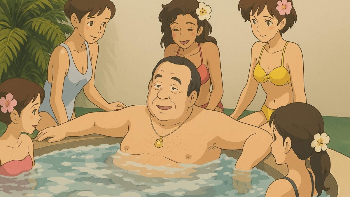 Jesús Gil en el jacuzzi dibujado al estilo de Hayao MIyazaki